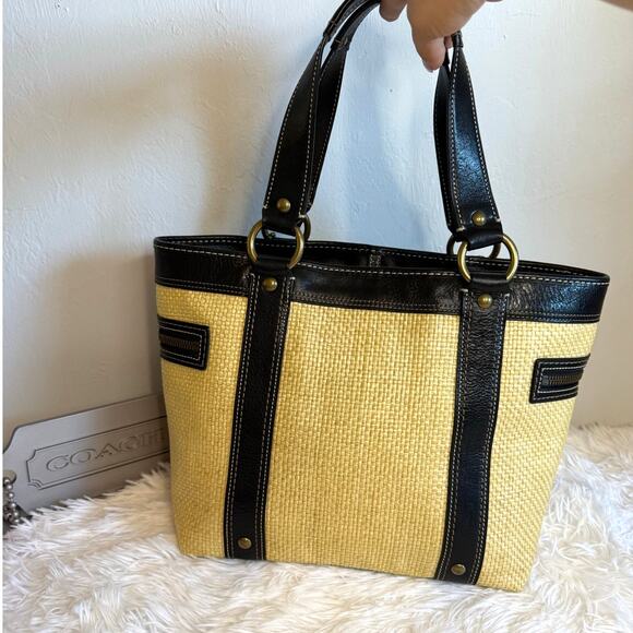 Vintage COACH y2k Black Natural Legacy Straw Tote Bag - Picture 2 of 9